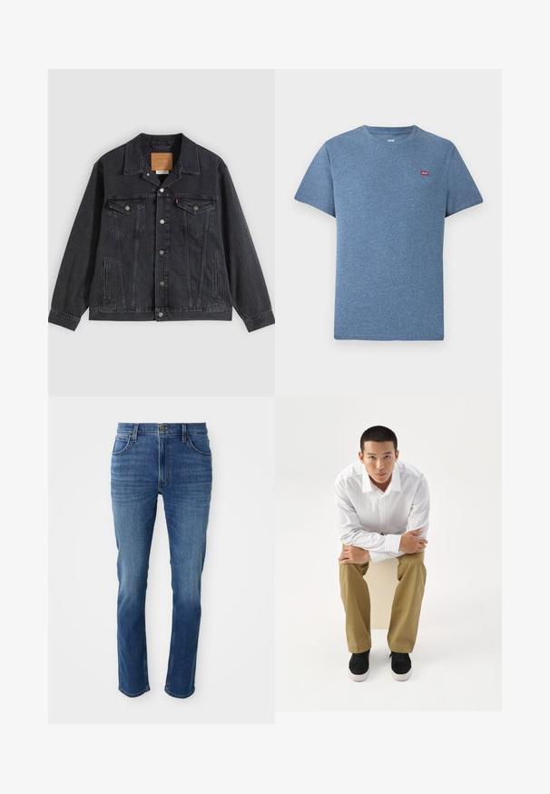Sort denimjakke med knappelukning foran, to brystlommer, sidelommer og lodret ribbet struktur. Læderpatch på kravens inderside.; Blå meleret kortærmet T-shirt med rund hals og lille rødt Levi's-logo på venstre bryst.; Blå denim jeans med lige snit, fem lommer og lynlås. Har subtle farvefading og kontraststing langs sømmene.; Ung mand i hvidt stribet skjorte og khakibukser sidder fremadlænet på en skammel med armene krydset, og ser direkte frem på en hvid baggrund.