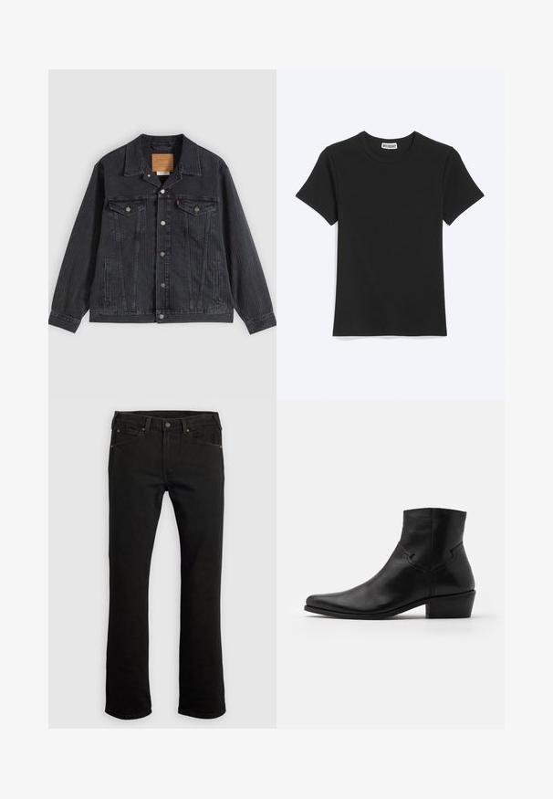 Veste en denim noir avec fermeture à boutons, deux poches poitrine, poches latérales et texture côtelée verticale. Patch en cuir à l'intérieur du col.; T-shirt noir uni à manches courtes et col rond avec une étiquette de la marque Weekday à l’intérieur du col, présenté sur fond blanc.; Jean en denim noir avec une coupe droite, cinq poches, des accents en cuivre, et des passants pour ceinture. Texture du tissu unie sans motifs.; Bottine en cuir noir à bout pointu, avec des détails de couture minimalistes, un talon carré de hauteur intermédiaire et une finition lisse et brillante.
