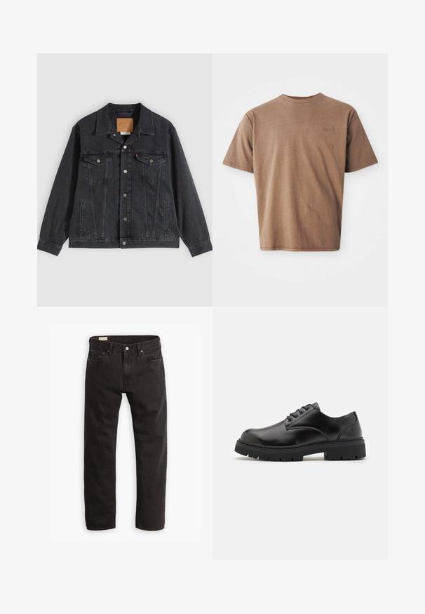 Sort denimjakke med knappelukning foran, to brystlommer, sidelommer og lodret ribbet struktur. Læderpatch på kravens inderside.; Brun bomulds t-shirt med rund hals, korte ærmer og et diskret broderet logo på venstre brystområde. Glat tekstur, afslappet pasform.; Sorte denim jeans med lige ben, der har et klassisk fem-lomme design, subtil syning og en metal knaplukning.; Sorte lædersko med rund tå, snørelukning og en tykk, struktureret gummisål. Har syninger langs kanten og en glat overflade.