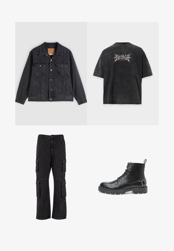 Schwarze Jeansjacke mit Knopfleiste, zwei Brusttaschen, Seitentaschen und vertikal geripptem Muster. Lederpatch auf der Innenseite des Kragens.; Schwarzes Oversized-T-Shirt mit verblasster Textur und stilisiertem weißen und roten Text "Fadella" zentriert auf der Vorderseite.; Schwarze Cargo-Hosen aus Denim, mit lockerer Passform, mehreren Seitentaschen und genähten Details. Die Textur ist leicht verblasst.; Schwarzer Lederkampfstiefel mit Schnürsenkeln, Metallösen, robustem Sohlen, einer Schlaufe am Absatz und einem dekorativen Schnallenriemen an der Seite.