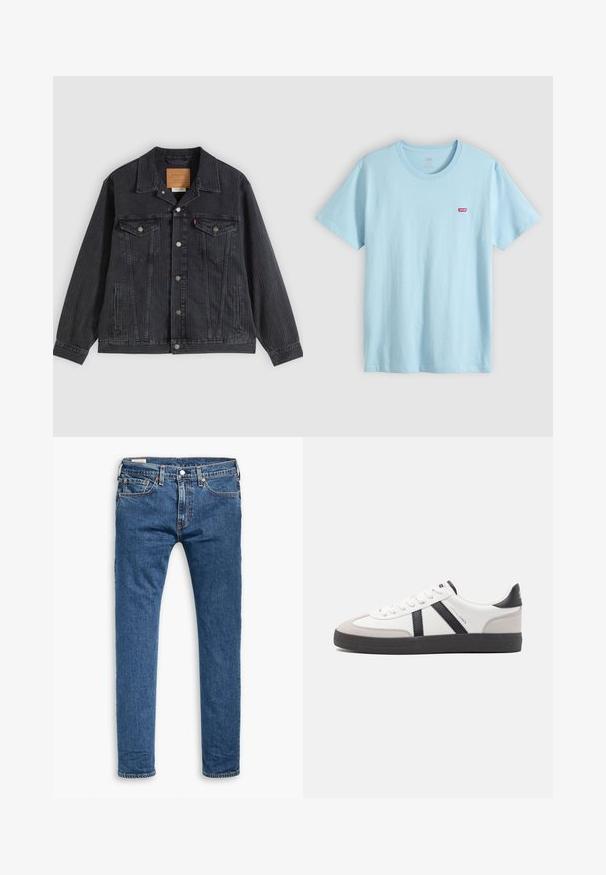 Veste en denim noir avec fermeture à boutons, deux poches poitrine, poches latérales et texture côtelée verticale. Patch en cuir à l'intérieur du col.; T-shirt bleu clair à manches courtes et col rond avec petit logo rouge Levi's sur la poitrine gauche.; Jeans slim fit en denim bleu avec cinq poches, bouton avant et passants de ceinture, présentés à plat sur un fond blanc.; Baskets blanches avec des accents noirs et gris, présentant un embout texturé gris, une semelle en caoutchouc noir et des lacets plats blancs. Design épuré, style minimaliste.