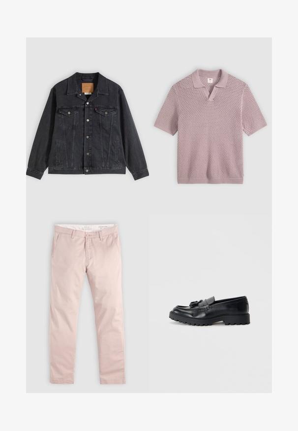 Veste en denim noir avec fermeture à boutons, deux poches poitrine, poches latérales et texture côtelée verticale. Patch en cuir à l'intérieur du col.; Polo en maille à manches courtes violet clair avec un motif tissé ouvert texturé et un col et un ourlet côtelés, présenté sur un fond uni.; Pantalon slim rose clair avec passants de ceinture, bouton frontal, fermeture éclair, et poches latérales en biais, posé à plat sur un fond clair.; Mocassins en cuir noir avec une finition brillante, semelle en caoutchouc épaisse et détail de frange décoratif à l'avant.