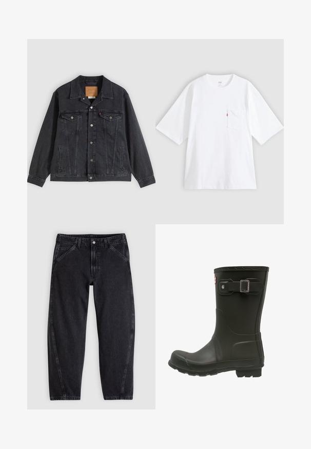 Sort denimjakke med knappelukning foran, to brystlommer, sidelommer og lodret ribbet struktur. Læderpatch på kravens inderside.; Hvid bomulds-T-shirt med korte ærmer, rund hals og lomme på venstre bryst. Har en lille rød logoetiket på lommen.; Sorte denimjeans med løs pasform, der har en standard-taljebånd, femlomme-design og kontrastsyning langs sømmene.; Sort gummistøvle med rund tå, en spænderem ved den øverste side og en struktureret sål til godt tænksom greb.