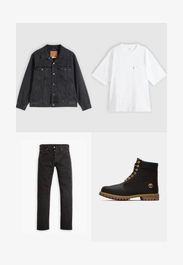 Schwarze Jeansjacke mit Knopfleiste, zwei Brusttaschen, Seitentaschen und vertikal geripptem Muster. Lederpatch auf der Innenseite des Kragens.; Weißes Baumwoll-T-Shirt mit kurzen Ärmeln, rundem Ausschnitt und Brusttasche auf der linken Seite. Mit kleinem rotem Logotag an der Tasche.; Schwarze Slim-Fit-Jeans mit Knopfverschluss, fünf Taschen und kupferfarbenen Nieten flach auf einem weißen Hintergrund ausgelegt.; Schwarze Leder-Ankle-Boots mit goldenen Ösen, braunen Akzenten und einer Gummisohle. Verfügt über einen gepolsterten Schaft und ein geprägtes Logo an der Seite.