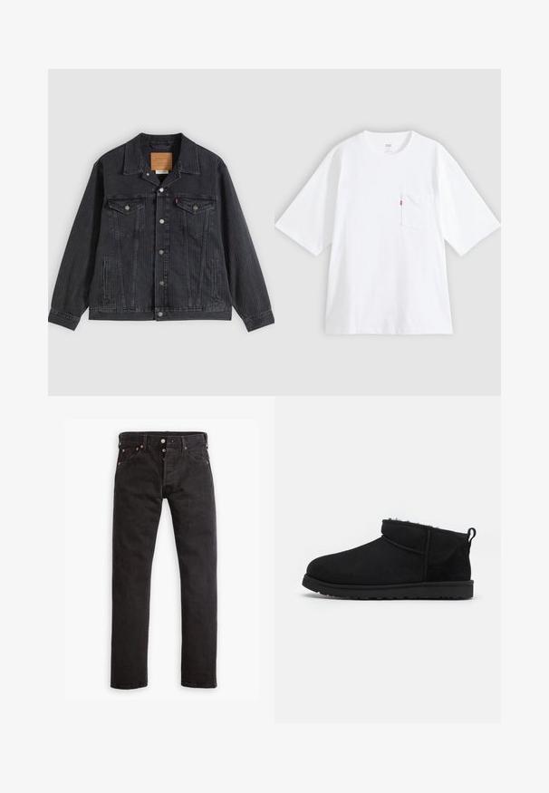 Schwarze Jeansjacke mit Knopfleiste, zwei Brusttaschen, Seitentaschen und vertikal geripptem Muster. Lederpatch auf der Innenseite des Kragens.; Weißes Baumwoll-T-Shirt mit kurzen Ärmeln, rundem Ausschnitt und Brusttasche auf der linken Seite. Mit kleinem rotem Logotag an der Tasche.; Schwarze Slim-Fit-Jeans mit Knopfverschluss, fünf Taschen und kupferfarbenen Nieten flach auf einem weißen Hintergrund ausgelegt.; Schwarze Wildleder-Stiefeletten mit einem weichen, strukturierten Innenfutter, einer flachen Gummisohle und einer Zugschlaufe auf der Rückseite für ein einfaches Anziehen.