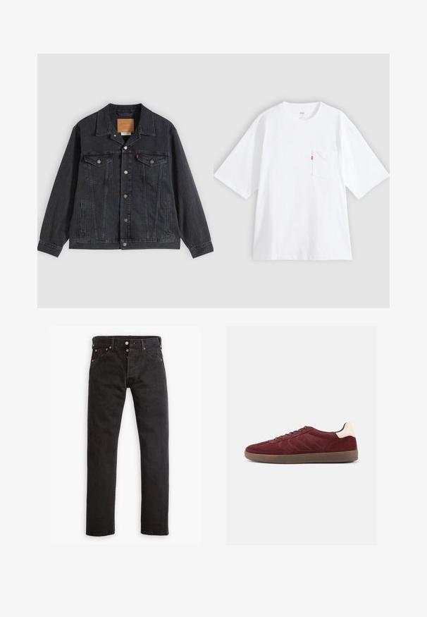 Schwarze Jeansjacke mit Knopfleiste, zwei Brusttaschen, Seitentaschen und vertikal geripptem Muster. Lederpatch auf der Innenseite des Kragens.; Weißes Baumwoll-T-Shirt mit kurzen Ärmeln, rundem Ausschnitt und Brusttasche auf der linken Seite. Mit kleinem rotem Logotag an der Tasche.; Schwarze Slim-Fit-Jeans mit Knopfverschluss, fünf Taschen und kupferfarbenen Nieten flach auf einem weißen Hintergrund ausgelegt.; Bordeauxrote Veloursledersneaker mit Schnürung vorne, strukturierten seitlichen Details und hellfarbigem Fersenakzent. Gummisohle mit glatter Oberfläche.