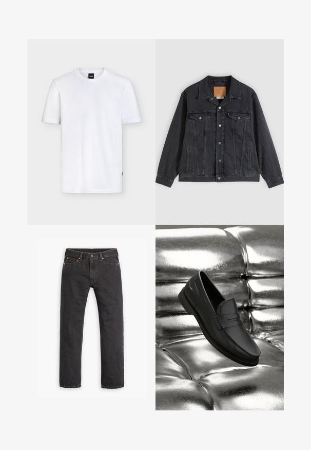 Schwarze Jeansjacke mit Knopfleiste, zwei Brusttaschen, Seitentaschen und vertikal geripptem Muster. Lederpatch auf der Innenseite des Kragens.; Schlichtes weißes T-Shirt mit kurzen Ärmeln und Rundhalsausschnitt, mit einem kleinen schwarzen Markenetikett am Kragen und dezenter Stoffstruktur.; Schwarze gerade geschnittene Jeans aus Denim mit fünf Taschen, Knopfverschluss und Kupfernieten auf einem weißen Hintergrund flach ausgelegt.; Schwarze Lederloafers mit glatter Oberfläche, mit Ziernähte und klassischem Design, präsentiert vor einem metallischen, glänzenden Hintergrund.
