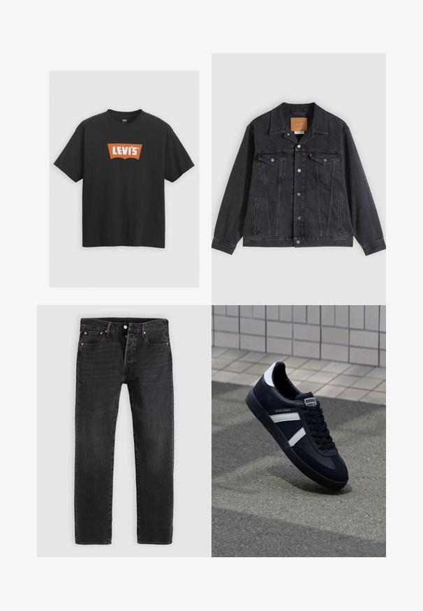 Chaqueta de mezclilla negra con cierre de botones en el frente, dos bolsillos en el pecho, bolsillos laterales y textura acanalada vertical. Parche de cuero en el interior del cuello.; Camiseta de algodón negra con un gran logo naranja de Levi's en la parte delantera, mangas cortas y diseño de cuello redondo.; Pantalones vaqueros de mezclilla negra con corte recto, que cuentan con dos bolsillos frontales, un bolsillo para monedas y remaches metálicos. Diseño clásico de cinco bolsillos.; Zapatilla de cuero negra con rayas blancas, suela de goma texturizada y parte frontal con cordones. Cuenta con una etiqueta de marca en la lengüeta.