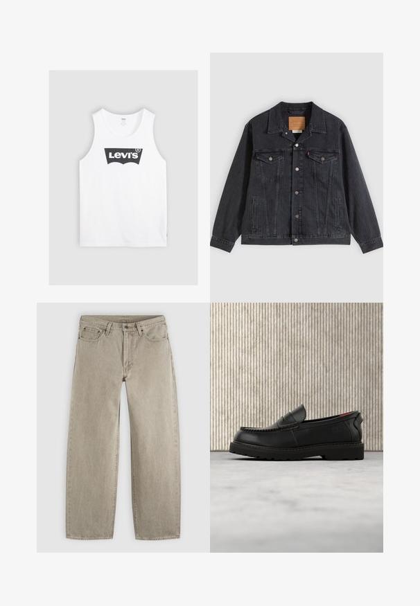 Chaqueta de mezclilla negra con cierre de botones en el frente, dos bolsillos en el pecho, bolsillos laterales y textura acanalada vertical. Parche de cuero en el interior del cuello.; Camiseta sin mangas de algodón blanco con un logotipo negro de Levi's en el centro. Diseño simple con cuello redondo y sisas anchas.; Vaqueros beige de pierna recta con bolsillos delanteros, trabillas para cinturón, cierre de botón y costuras visibles sobre un fondo claro y liso.; Mocasín de cuero negro con suela resistente y forro interior rojo, posicionado en el aire sobre una alfombra beige y cerca de un mueble de madera.
