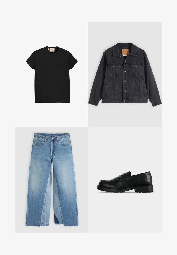 Schwarze Jeansjacke mit Knopfleiste, zwei Brusttaschen, Seitentaschen und vertikal geripptem Muster. Lederpatch auf der Innenseite des Kragens.; Schwarzes Baumwoll-T-Shirt mit Rundhalsausschnitt, kurzen Ärmeln und einer Brusttasche auf der linken Seite. Glatte Textur und minimalistisches Design.; Jeans mit geradem Bein aus blauem Denim, klassischem Fünf-Taschen-Design und vorderem Knopfverschluss, flach auf neutralem Hintergrund dargestellt.; Schwarzer Lederloafer mit dicker Sohle und Moc-Toe-Naht, seitlich auf einfarbig hellem Hintergrund dargestellt.