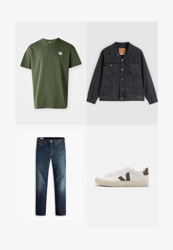 Veste en denim noir avec fermeture à boutons, deux poches poitrine, poches latérales et texture côtelée verticale. Patch en cuir à l'intérieur du col.; T-shirt en coton vert olive avec un col rond, des manches courtes et un petit patch logo sur la poitrine gauche. Texture lisse, coupe décontractée.; Jeans en denim bleu foncé avec une coupe droite, cinq poches et des accents en métal cuivré. Des zones décolorées sur les jambes offrent un contraste de texture.; Baskets en cuir blanc avec une semelle en caoutchouc beige clair. Présentent un logo en V en daim marron et une languette de talon. Fermeture à lacets avec une surface texturée.