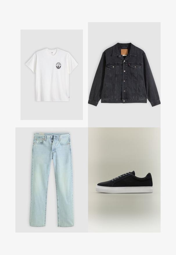 Schwarze Jeansjacke mit Knopfleiste, zwei Brusttaschen, Seitentaschen und vertikal geripptem Muster. Lederpatch auf der Innenseite des Kragens.; Weißes Baumwoll-T-Shirt mit kurzen Ärmeln, Rundhalsausschnitt und einem schwarzen runden Logo auf der linken Brust, das ein stilisiertes Design zeigt.; Helle blaue Denim-Jeans mit geradem Schnitt, fünf Taschen, Knopfverschluss und dezentem Verblassen. Mit Steppdetails und Kupfennieten.; Schwarzer Low-Top-Sneaker mit weißer Gummisohle, Schnürdesign und gepolstertem Kragen, dargestellt auf neutral grauem Hintergrund.