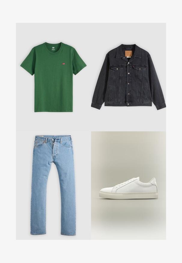 Sort denimjakke med knappelukning foran, to brystlommer, sidelommer og lodret ribbet struktur. Læderpatch på kravens inderside.; Grøn bomulds t-shirt med rund hals, korte ærmer og et lille rødt Levi's-logo på venstre bryst. Blød tekstur, standard pasform.; Lys blå lige ben denim jeans med knaplukning, bæltestropper og for- og baglommer, vist på en hvid baggrund.; Hvid lavtop sneaker med snørebånd foran og tyk sål, vist fra siden mod en neutral baggrund.