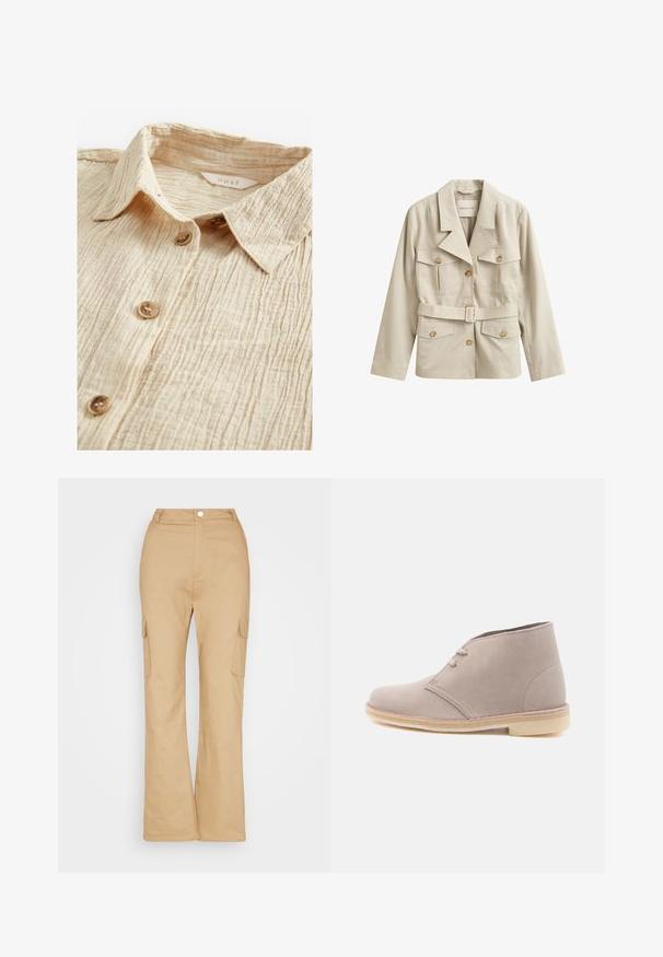 Veste beige ceinturée avec quatre poches à rabat boutonnées et col à revers, présentée sur fond blanc.; Chemise beige à boutonner avec un tissu texturé et froissé. Dispose d'un col et de cinq boutons marron sur le devant. Étiquette visible à l'intérieur.; IN THE STYLE GEMMA ATKINSON PANTS - Pantalon cargo - stone; Botte desert en daim beige clair avec deux œillets et semelle en crêpe, vue de profil sur un fond blanc uni.