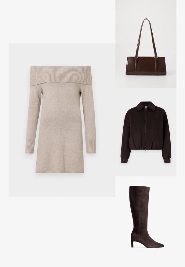 Sort cropped jakke med lynlås, featuring krave og ribbede manchetter, lavet af et blødt, struktureret stof.; Beige off-shoulder sweater, strikket tekstur, lange ærmer, ribbet halsudskæring og manchetter, midt-lår længde, glat stoffsammensætning.; Brune ruskinds knæhøje støvler med spids tå og 3-tommer hæl. Glat tekstur, slank silhuet og minimalistisk design.; Brun lakeret håndtaske med rektangulær form, to lange håndtag og subtile buede detaljer på fronten.
