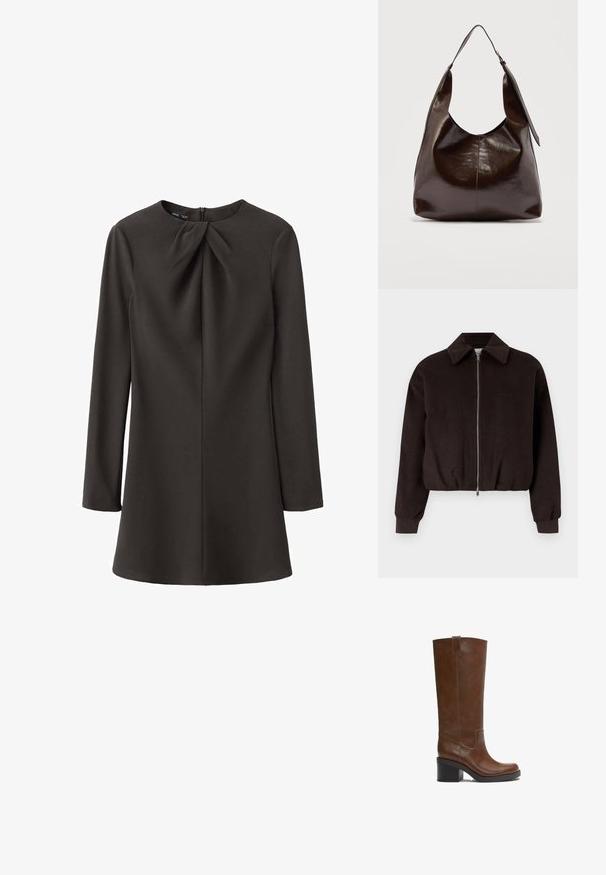 Veste noire courte avec fermeture éclair, dotée d'un col rabattable et de poignets nervurés, fabriquée en un tissu doux et texturé.; Robe noire à manches longues avec un col rond et un détail froncé à l'avant, confectionnée dans un tissu lisse, avec une fermeture éclair dissimulée dans le dos.; Botte en cuir brun mi-mollet avec talon bloc et languette de tirage, finition lisse et bout arrondi sur fond blanc.; Sac à bandoulière en cuir marron foncé brillant avec une seule large sangle et un détail de boucle sur un côté, posé sur un fond clair uni.
