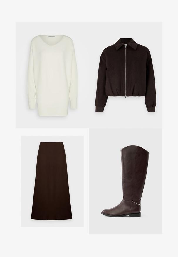 Sort cropped jakke med lynlås, featuring krave og ribbede manchetter, lavet af et blødt, struktureret stof.; Overdimensioneret hvid sweater i ribbet strikstof, med en bred halsudskæring, sænkede skuldre og lange ærmer med tætsiddende manchetter.; Mørkebrun, ankellang A-formet nederdel med en glat, ensartet tekstur og en tætsiddende talje mod en ensfarvet hvid baggrund.; Mørkebrun knæhøj læderstøvle med flad hæl og en lille sølvfarvet dekorationsvedhæng nær anklen på hvid baggrund.