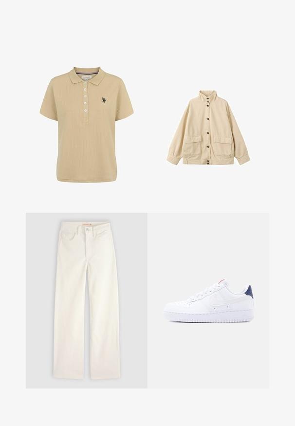 Veste beige à boutons avec col montant, manches longues et deux grandes poches devant à rabat.; Polo beige à rayures, à manches courtes, avec un plastron à cinq boutons et un logo brodé en noir sur la poitrine gauche. Texture de tissu douce.; Jean droit écru avec poches avant, passants pour ceinture et fermeture par bouton sur un fond uni.; Baskets basses blanches avec perforations sur la pointe, lacets blancs, logo swoosh blanc et languette de talon bleu foncé.