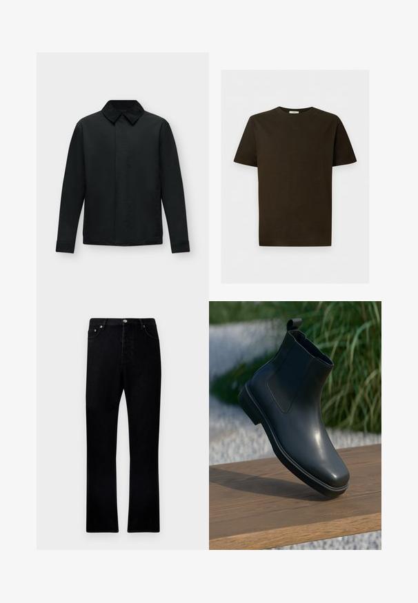 Veste noire à manches longues avec col pointu et fermeture à boutons cachée sur l’avant, sur un fond clair uni.; T-shirt marron foncé à manches courtes et col rond avec un ourlet droit, présenté à plat sur un fond gris clair.; Jean en denim noir avec une coupe droite, un design à cinq poches et des détails en métal à l'avant. Tissu texturé avec une finition lisse.; Bottine en cuir noir avec une surface lisse, des côtés élastiques et une languette de tirage boucle, posée sur une surface en bois avec un arrière-plan flou.