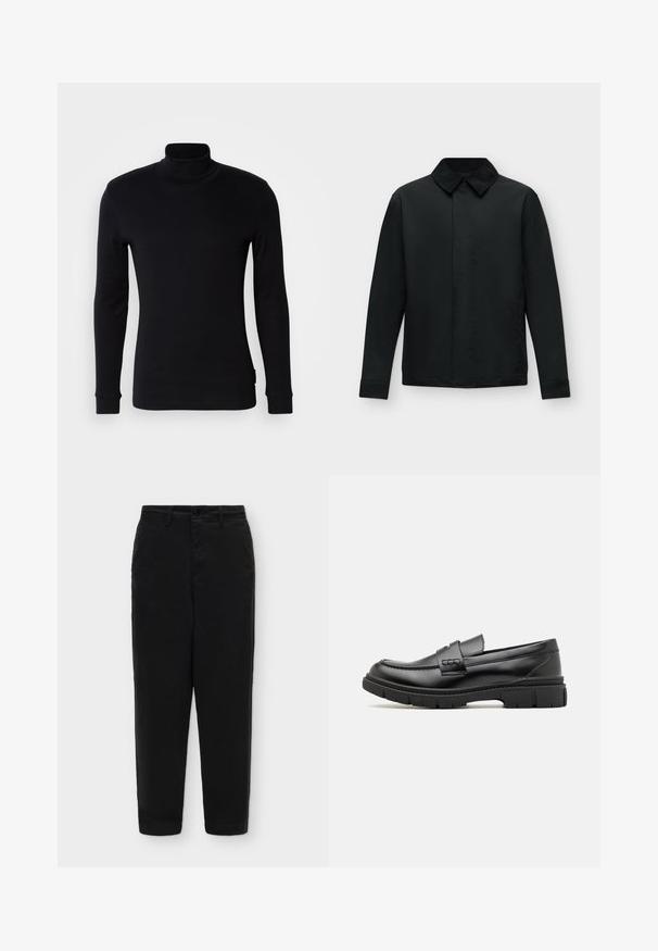 Zwarte lange mouwen jas met een puntige kraag en verborgen knoopsluiting aan de voorkant op een effen lichte achtergrond.; Zwarte langemouw turtleneck shirt gemaakt van zachte stof. Heeft een aansluitend ontwerp met ribbels aan de mouwen en een gladde textuur. Geen patronen of logo's.; Zwarte rechte broek met riemlussen, knoop aan de voorkant en ritssluiting op een effen lichte achtergrond.; Zwarte leren instapper met een brede band over de voet, rubberen zool met dikke noppen en een gladde textuur. Klassiek, strak ontwerp.
