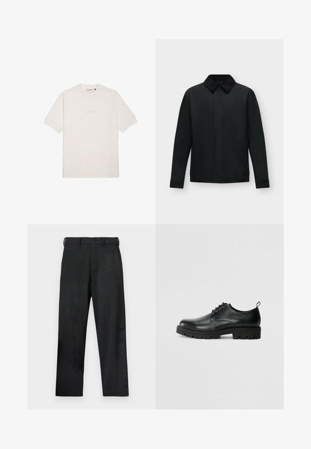 Veste noire à manches longues avec col pointu et fermeture à boutons cachée sur l’avant, sur un fond clair uni.; T-shirt blanc à manches courtes en coton doux, avec un logo de marque subtilement gaufré sur la poitrine et un col rond classique.; Pantalon noir en tissu texturé, coupe droite, poches avant et fermeture à bouton sur la ceinture.; Chaussure en cuir noir à bout arrondi, présentant un design à lacets, une semelle en caoutchouc noire robuste et un petit onglet de talon à l'arrière.