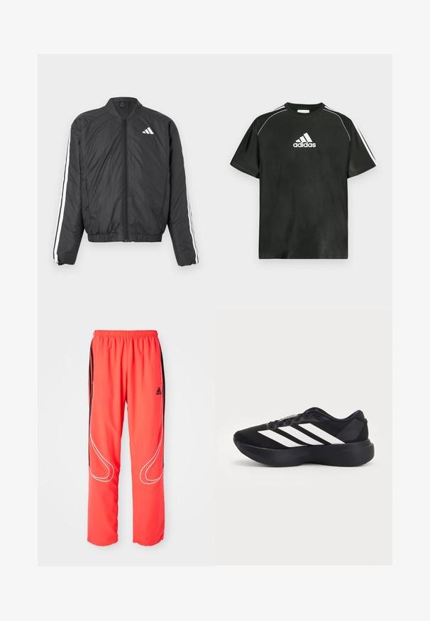 Veste bomber noire avec manches longues, taille élastique, fermeture éclair intégrale et bandes blanches le long des manches. Fabriquée en matière légère.; T-shirt noir à manches courtes avec logo Adidas blanc sur la poitrine et bandes blanches sur les épaules. Confectionné en tissu lisse, coupe décontractée.; Pantalons de sport rouges avec une coupe décontractée, taille élastique, rayures latérales noires et liseré blanc le long des jambes. Logo Adidas sur la hanche.; Chaussure de running noire avec une semelle épaisse et trois bandes diagonales blanches sur le côté, vue de l'extérieur.