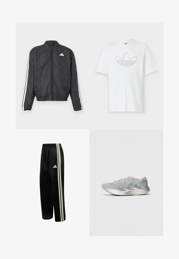 Sort bomberjakke med lange ærmer, elastisk talje, lynlås i fuld længde og hvide striber langs ærmerne. Fremstillet af let materiale.; Hvid bomulds-T-shirt med en prikket sort kontur af et trefoil-logo på fronten. Korte ærmer og rund halsudskæring.; Sorte Adidas træningsbukser med tre hvide siderstriber og logo, elastisk talje med snor, lige ben pasform.; Letvægts grå atletiksko med et slankt design, der har en tekstureret overflade, tre diagonale striber og en reflekterende sølvsål.