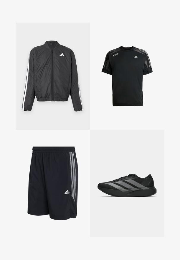 Veste bomber noire avec manches longues, taille élastique, fermeture éclair intégrale et bandes blanches le long des manches. Fabriquée en matière légère.; T-shirt de sport noir en tissu léger, avec des panneaux en maille sur les épaules, des manches courtes et des logos blancs adidas et F50.; Shorts de sport noirs avec une taille élastique, ornés de trois bandes verticales blanches sur les côtés et d'un logo Adidas au bas de l'ourlet.; Chaussures de sport noires au design léger, présentant trois rayures grises marquées, une texture lisse et une semelle profilée.