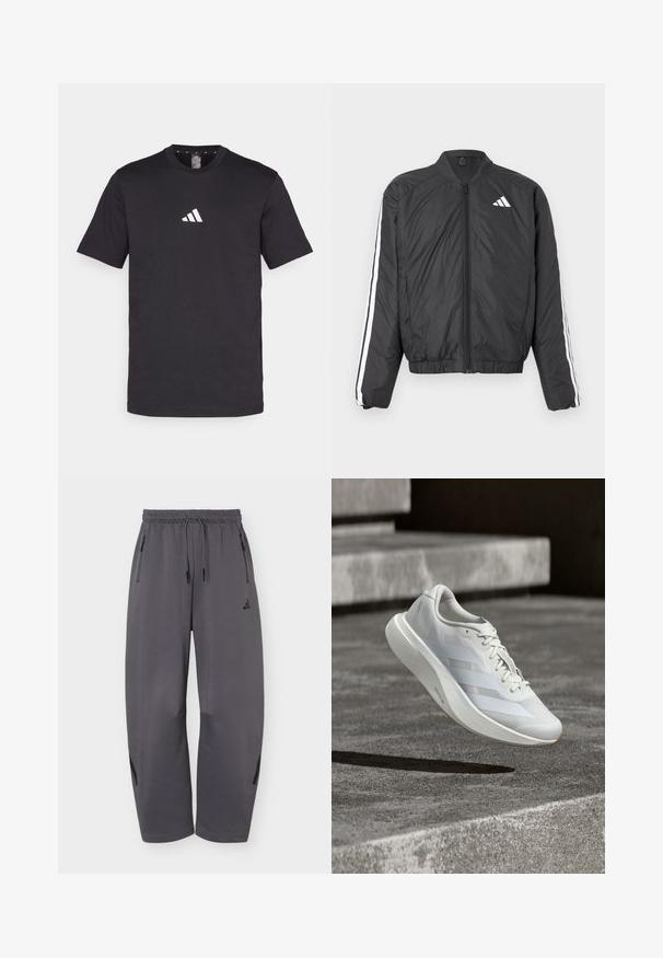Chaqueta bomber negra con mangas largas, cintura elástica, cierre de cremallera de longitud completa y franjas blancas a lo largo de las mangas. Fabricada con material ligero.; Camiseta de algodón negra con mangas cortas, que presenta un logo blanco de Adidas en el pecho. Diseño clásico de cuello redondo.; Pantalones deportivos de pierna ancha en gris oscuro con cintura elástica, cordones, bolsillos laterales con cremallera y logo sutil de la marca en el muslo izquierdo.; Zapato deportivo blanco con parte superior de malla, tres franjas laterales, suela flexible y diseño minimalista, suspendido sobre una superficie de concreto gris.