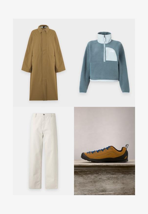 Lang beige regnjakke med krave, lange ærmer, skjulte knapper foran og to sidelommer, vist på en bøjle.; Blå fleecepullover med halvhøj lynlås, høj krave og lys blå brystlomme med The North Face-logo.; Beige bukser med vide ben og diskrete lodrette nålestriber, bæltestropper, knaplukning og forlommer.; Brun ruskind udendørs sko med blå snørebånd, sort gummisål og et strømlinet design. Har en bageste pull-tab for nem påtagning.