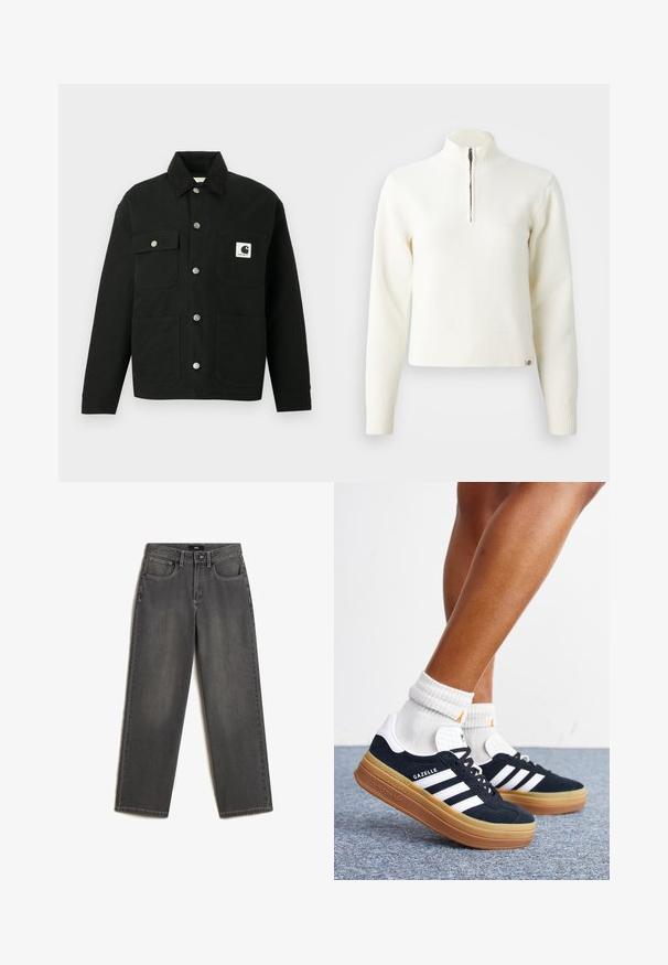 Sort knap-op jakke med fire frontlommer, metal knapper, fløjlsagtkrave og en hvid Carhartt-logo lap på den øverste højre lomme.; Hvid, sweater med lynlås ved halsen og lange ærmer. Lavet af et blødt strikmateriale, med ribbede manchetter og kant. Diskret mærke-logo ved kanten.; Grå vidde jeans lavet af denim. Har fem lommer, en frontknap og lynlås lukning, samt subtil fading på stoffet.; Ben iført hvide sokker og sorte Adidas Gazelle sneakers med hvide striber og tykke brune såler på et gråt tæppe.