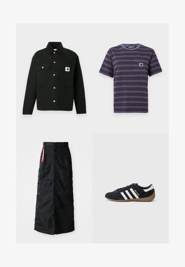 Sort knap-op jakke med fire frontlommer, metal knapper, fløjlsagtkrave og en hvid Carhartt-logo lap på den øverste højre lomme.; Lilla stribet t-shirt med en lomme på venstre bryst, der har vandrette sorte striber. Blødt stof, korte ærmer, rund halsudskæring.; Sort lang nederdel med frontknap og lynlås, sidelommer, og et rødt "Remove Before Flight" stofmærke på taljen.; Sort ruskindssneaker med tre hvide striber, gummisål og et lille gyldent logo på siden. Har en glat sort foring indvendigt.