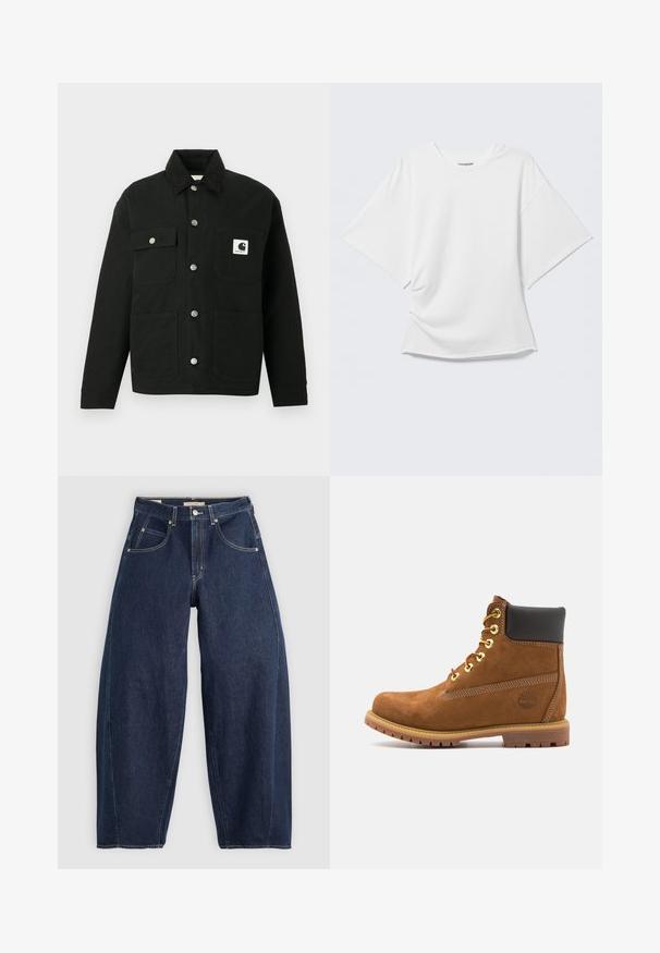 Svart jakke med knappelukking, fire frontlommer, metallknapper, kordfløyelskrage og en hvit Carhartt-logo på øvre høyre lomme.; Hvit oversized T-skjorte med korte ermer og rund hals vist på en lys grå bakgrunn.; Mørkeblå denimjeans med løs passform, let syning, fem lommer og knaplukning i taljen.; Brune suède ankelstøvlett med svart polstret krage, gulløyer, snøring foran og gummisåle med teksturert mønster.