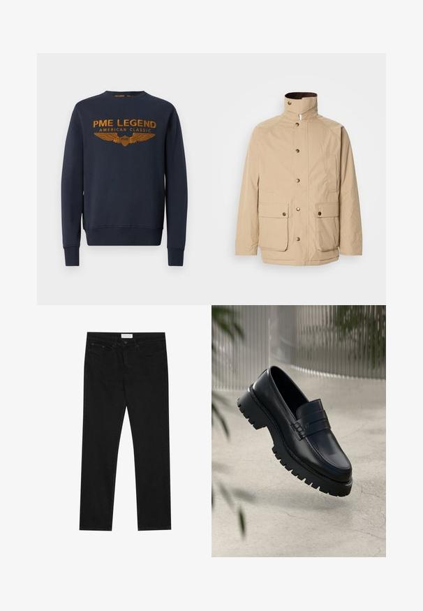 Beige Jacke mit hohem Kragen, Reißverschluss und Druckknöpfen. Verfügt über zwei Vordertaschen und einen strukturierten Stoff. Geeignet für die Freizeit.; Marineblaue Sweatshirt aus Baumwolle, mit goldenem bedrucktem Logo mit Flügeln. Rundhalsausschnitt, lange Ärmel, gerippte Bündchen und Saum.; Schwarze gerade Jeans mit Fünf-Taschen-Design, Knopf- und Reißverschluss, und einem Pier One-Label am Bund.; Schwarze Lederloafer mit einer robusten profilierten Sohle, ausgestattet mit einem dekorativen Riemen und einer Stichdetail. Glatte Textur mit einem polierten Finish.