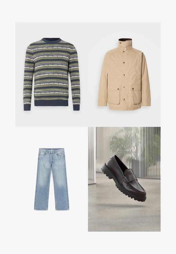 Veste beige avec un col haut, fermeture éclair et boutons-pression. Présente deux poches avant et un tissu texturé. Convient pour un usage décontracté.; Pull en tricot vert, bleu marine et blanc avec des motifs à rayures horizontales et des designs géométriques. Col rond et poignets côtelés.; Jean droit bleu clair avec un effet délavé, design à cinq poches, accessoires métalliques et fermeture éclair. Texture en denim lisse.; Chaussure à enfiler en cuir marron avec un bout rond et une semelle en caoutchouc noire robuste. Présente une bride décorative traversant le coup de pied.