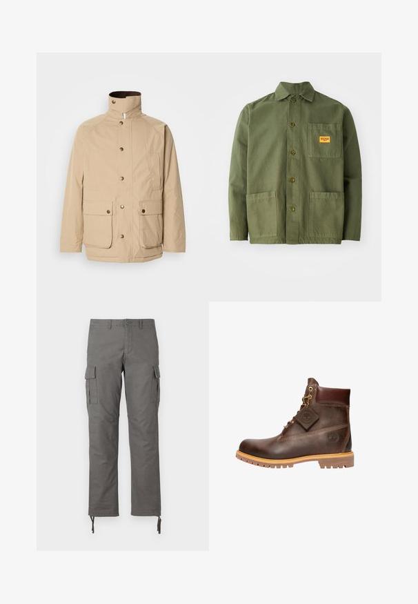 Beige Jacke mit hohem Kragen, Reißverschluss und Druckknöpfen. Verfügt über zwei Vordertaschen und einen strukturierten Stoff. Geeignet für die Freizeit.; Olivgrüne Jacke aus schwerem Baumwollmaterial, mit spitzem Kragen, Knöpfen auf der Vorderseite und zwei großen aufgesetzten Taschen. Mit einem kleinen Logo-Patch versehen.; Graue Cargo-Hosen mit geradem Bein, mehreren Seitentaschen und verstellbaren Zugverschlüssen an den Knöcheln. Aus strapazierfähigem Stoff gefertigt.; Braune Leder-Ankelstiefel mit runder Zehenpartie, robuster Sohle, goldfarbener Hardware und strukturiertem Obermaterial. Enthält ein angehängtes Logo-Tag.