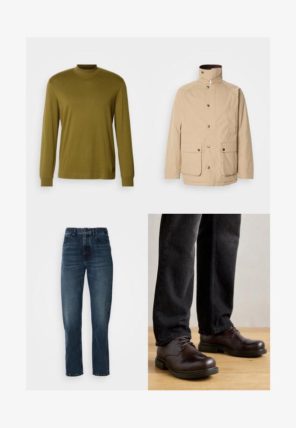 Beige Jacke mit hohem Kragen, Reißverschluss und Druckknöpfen. Verfügt über zwei Vordertaschen und einen strukturierten Stoff. Geeignet für die Freizeit.; Olivengrünes Langarm-Turtleneck-Shirt aus weicher Stoff, mit taillierter Passform und geripptem Kragen sowie Ärmeln.; Dunkelblaue gerade Jeans mit Knopf- und Reißverschluss vorne, Fünf-Taschen-Design und subtiler Ausbleichung an Oberschenkeln und Knien.; Braune Lederschuhe mit abgerundeter Spitze, Schnürdesign und dicker schwarzer Gummisohle, kombiniert mit dunkelblauen Jeans.