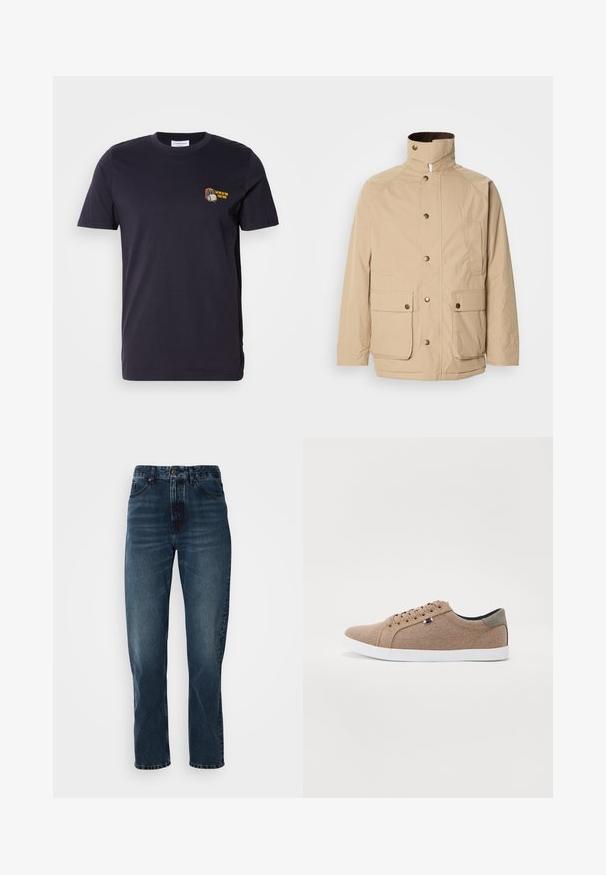 Chaqueta beige con cuello alto, cierre de cremallera y botones a presión. Presenta dos bolsillos frontales y una tela texturizada. Adecuada para uso informal.; Camiseta de algodón de color azul marino oscuro con mangas cortas y cuello redondo. Presenta un pequeño diseño bordado con texto en el área del pecho izquierdo.; Jeans de pierna recta azul oscuro con cierre frontal de botón y cremallera, diseño de cinco bolsillos y un ligero desgaste en los muslos y las rodillas.; Zapatillas de lona beige con un diseño de caña baja, suela de goma blanca y cordones redondos. Presenta un acento en el talón gris contrastante y un detalle del logo.