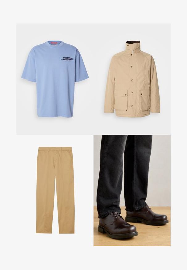 Beige jas met een hoge kraag, ritssluiting en drukknoopjes. Voorzien van twee voorkruiken en een gestructureerde stof. Geschikt voor casual wear.; Lichtblauw T-shirt met korte mouwen van katoen. Heeft een ronde hals en een zwarte grafische print van pijlen op het linkerbovenborstgebied.; Khaki broeken van gladde stof, met een recht gesneden ontwerp, twee voorzakken en schone, minimalistische stikdetails.; Bruine leren schoenen met een ronde neus, vetersluiting en robuuste zwarte rubberen zool, gecombineerd met donkere spijkerbroek.