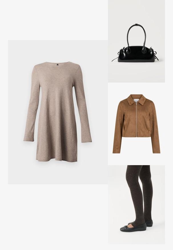 Veste courte en daim marron avec manches longues, fermeture éclair à l'avant et large col, étiquetée VILA.; Robe à manches longues, en forme évasée, de couleur beige, en tissu doux avec un col rond. Présente une coupe décontractée et des manches fuselées.; Jambes portant des leggings côtelés foncés associés à des ballerines noires avec de petits détails en nœud sur fond blanc.; Petit sac à main noir brillant avec deux longues anses et des détails à cordon sur les côtés sur un fond clair uni.