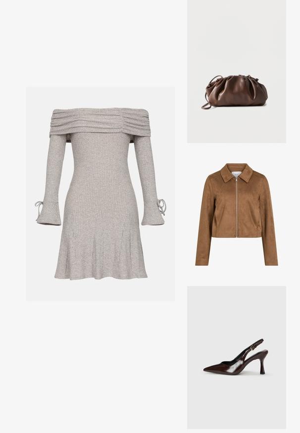 Veste courte en daim marron avec manches longues, fermeture éclair à l'avant et large col, étiquetée VILA.; Robe grise à épaules dénudées avec texture côtelée, manches longues avec détails de nœuds et jupe évasée.; Talons slingback en cuir verni brun avec un bout pointu, un talon fin, et une sangle réglable avec une petite boucle.; Sacoche en cuir marron doux avec un haut froncé et une fine bandoulière, posée sur un fond blanc.