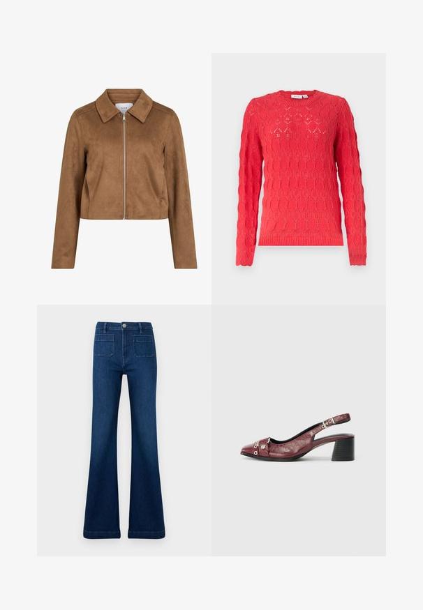 Veste courte en daim marron avec manches longues, fermeture éclair à l'avant et large col, étiquetée VILA.; Pull en maille rouge à manches longues avec col rond et motif ajouré oval texturé sur toute la surface.; Jean évasé bleu foncé en denim, doté d'une taille haute, de deux poches arrière et de coutures contrastantes le long des coutures.; Chaussure slingback en cuir bordeaux avec un bout arrondi, un design incurvé, des accents en métal argenté et un talon bloc. Finition texturée.