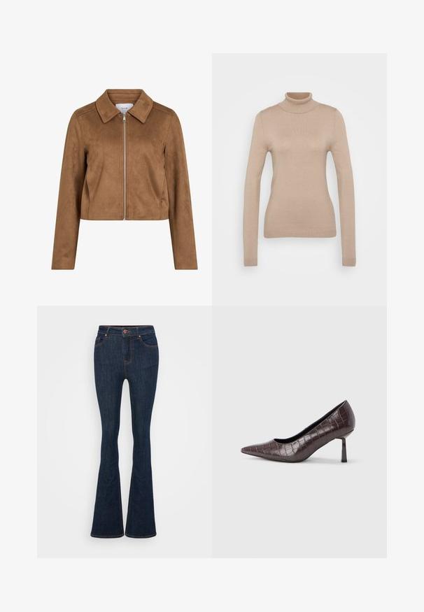 Veste courte en daim marron avec manches longues, fermeture éclair à l'avant et large col, étiquetée VILA.; Pull à col roulé beige en tissu tricoté doux. Doté de manches longues, d'une coupe ajustée et d'un col et d'une bordure côtelés.; Jeans évasés en denim bleu foncé avec des coutures visibles, des poches avant et une fermeture à bouton. Texture lisse avec un léger stretch.; Escarpins à bout pointu en similicuir marron avec une texture crocodile, dotés d’un talon fin et angulaire ainsi que d’une doublure intérieure lisse.