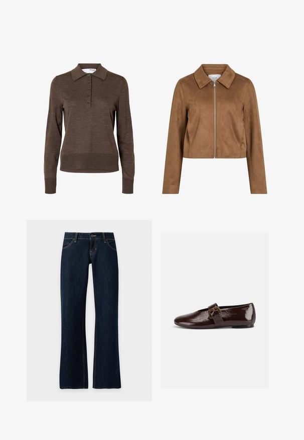 Veste courte en daim marron avec manches longues, fermeture éclair à l'avant et large col, étiquetée VILA.; Polo marron à manches longues pour femme avec col et cinq boutons à l'avant, en tissu fin tricoté.; Jean en denim bleu foncé avec une coupe droite, poches avant, passants de ceinture et fermeture par bouton sur un fond uni.; Chaussure plate en cuir verni marron foncé avec une large bride à boucle dorée et un bout arrondi, présentée de profil sur fond blanc.