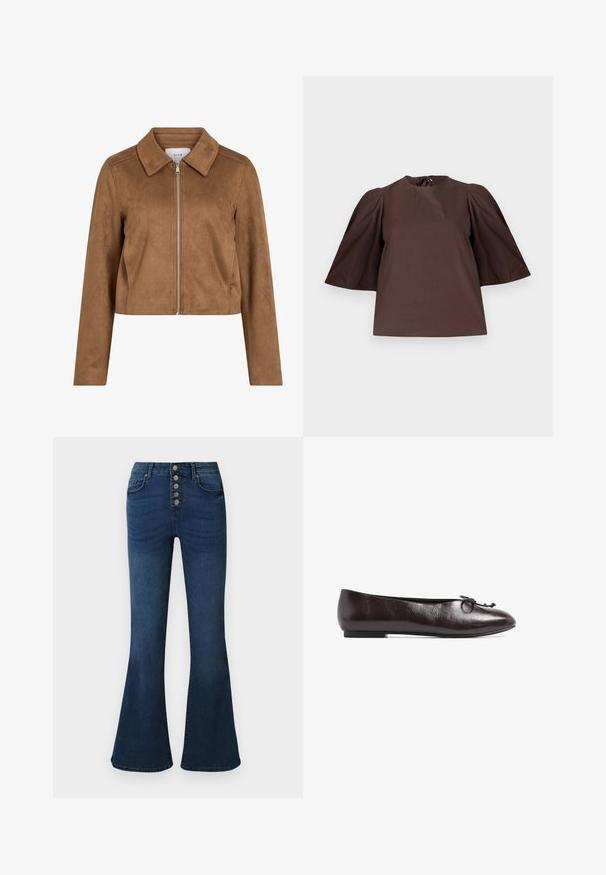 Bruine cropped jas van suède met lange mouwen, een ritssluiting aan de voorkant en een brede kraag, gelabeld VILA.; Bruine blouse met korte geplooide mouwen en een ronde hals, getoond op een effen lichtgrijze achtergrond.; Donkerblauwe denim flared jeans met een hoge taille en een sluiting met vijf knopen aan de voorkant. Soepele textuur met subtiele vervaging en stiksel details.; Bruine leren ballerina met een ronde neus, kleine strikdetail en een gladde textuur. Platte zool, minimalistisch ontwerp zonder versieringen.