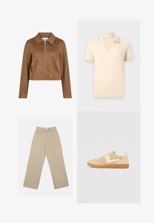 Brun cropped jakke i ruskind med lange ærmer, lynlåslukning foran og bred krave, mærket VILA.; Cremefarvet kortærmet ribstrikket bluse med V-hals, krave med diskret dekorativ syning og opbukkelige ærmer.; Beige vidde benbukser lavet af denim, med høj talje, frontlommer og kontrast søm. Designet inkluderer en knaplukning.; Beige sneakers med ruskind og mesh-materialer, rund form, fremtrædende polstret krave og en gummikondisko. Har et bølge-design som accent.