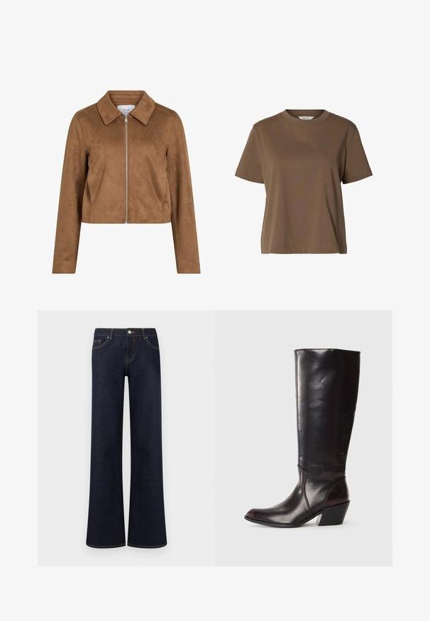 Braune Wildleder-Cropped-Jacke mit langen Ärmeln, vorderem Reißverschluss und großem Kragen, mit dem Etikett VILA.; Braunes T-Shirt mit kurzen Ärmeln und Rundhalsausschnitt aus einfarbigem Stoff mit lockerem Schnitt und minimalen Nähten.; Dunkelblaue Denim-Jeans mit weiter Beinform, vorne Taschen, Knopf- und Reißverschluss sowie sichtbaren Kontrastnähten.; Knöchelhigh, dunkelbraune Lederstiefel mit spitzem Zeh, eckigem Blockabsatz und glatter, glänzender Textur. Verfügt über ein klares Design und Steppnähte.