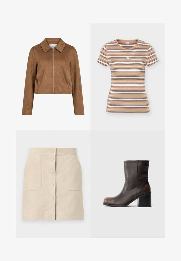 Veste courte en daim marron avec manches longues, fermeture éclair à l'avant et large col, étiquetée VILA.; T-shirt à manches courtes, beige et marron rayé en maille côtelée avec logo blanc GAP centré sur la poitrine.; Mini-jupe en daim beige avec boutons-pression à l'avant et deux grandes poches frontales, coupe droite et détails cousus.; Botte en cuir marron foncé mi-mollet avec un bout arrondi et un talon carré, montrant des détails d'usure subtils sur les zones du bout et du talon.