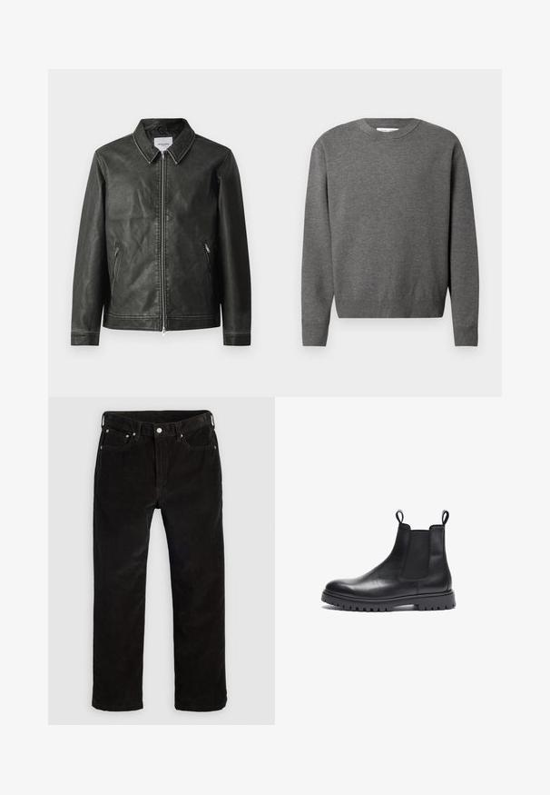 Schwarze Lederjacke mit glatter Textur, Druckknopfkragen, durchgehendem Reißverschluss und zwei seitlichen Taschen. Verfügt über minimale Nahtdetails.; Grauer Rundhals-Pullover aus weichem Strickmaterial. Mit langen Ärmeln und gerippten Bündchen und Saum. Minimalistisches Design ohne sichtbare Logos.; Schwarze Cordhosen mit geradem Bein, vorderem Knopf, Reißverschluss, Gürtelschlaufen und Fünf-Taschen-Design auf einem schlichten hellen Hintergrund.; Schwarze Leder Chelsea-Boots mit strukturierter Oberfläche, elastischen Seitenpanels und Zuglaschen. Verfügt über eine klobige Gummisohle mit Profil.
