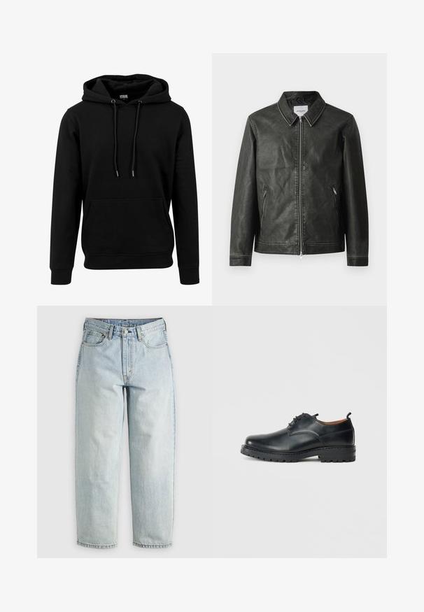 Veste en cuir noir avec une texture lisse, col à pression, fermeture éclair frontale complète et deux poches latérales. Présente des détails de coutures minimaux.; Hoodie noir en tissu doux, avec une grande poche avant, des cordons de serrage et des poignets et un ourlet côtelés. Design simple et uni.; Jean en denim bleu clair avec une coupe droite, cinq poches et une fermeture à bouton; présente des zones décolorées et des détails de couture subtils.; Chaussures derby en cuir noir avec une texture lisse, bout rond, design à lacets et une semelle en caoutchouc épaisse et robuste.